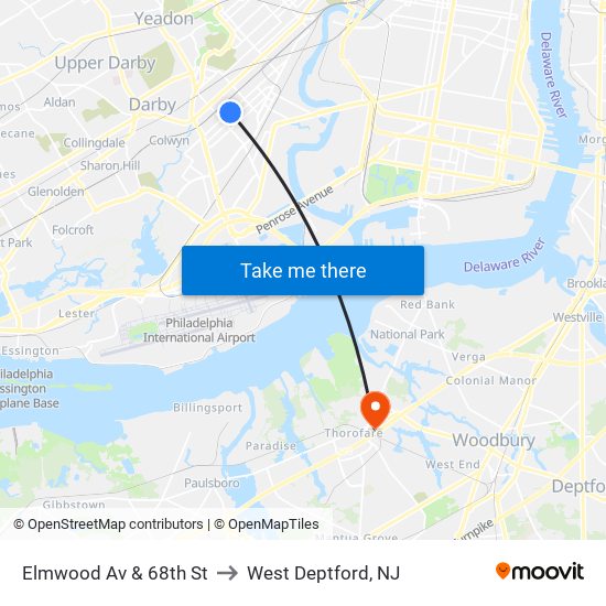 Elmwood Av & 68th St to West Deptford, NJ map