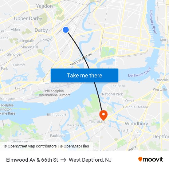 Elmwood Av & 66th St to West Deptford, NJ map