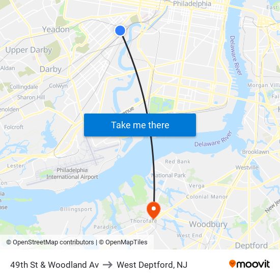 49th St & Woodland Av to West Deptford, NJ map