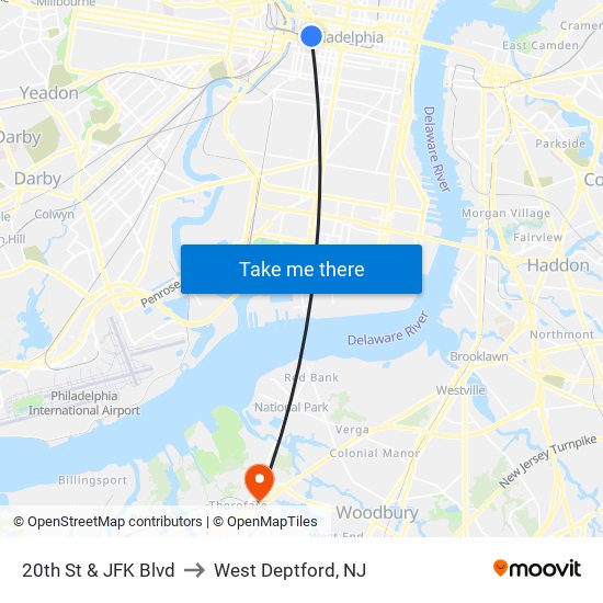 20th St & JFK Blvd to West Deptford, NJ map