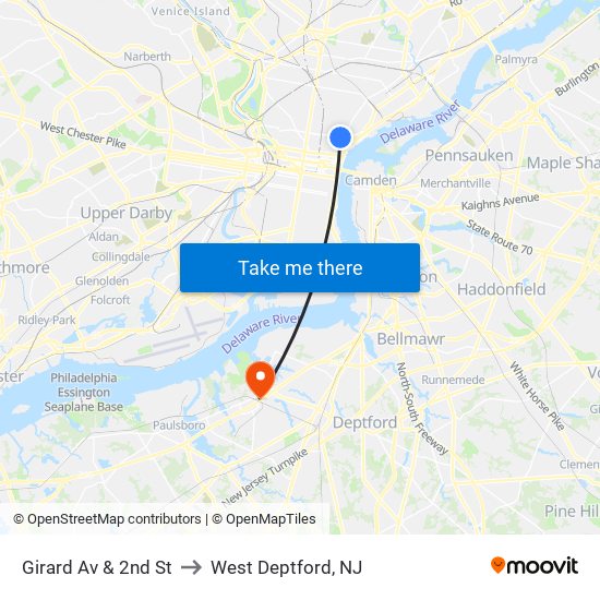 Girard Av & 2nd St to West Deptford, NJ map