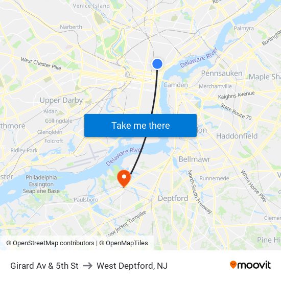 Girard Av & 5th St to West Deptford, NJ map