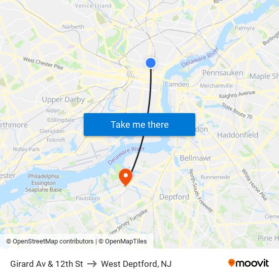Girard Av & 12th St to West Deptford, NJ map