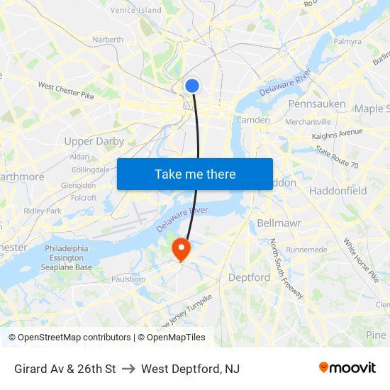Girard Av & 26th St to West Deptford, NJ map