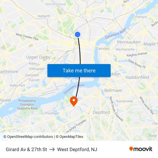 Girard Av & 27th St to West Deptford, NJ map