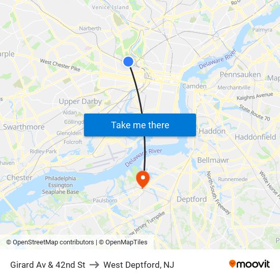 Girard Av & 42nd St to West Deptford, NJ map