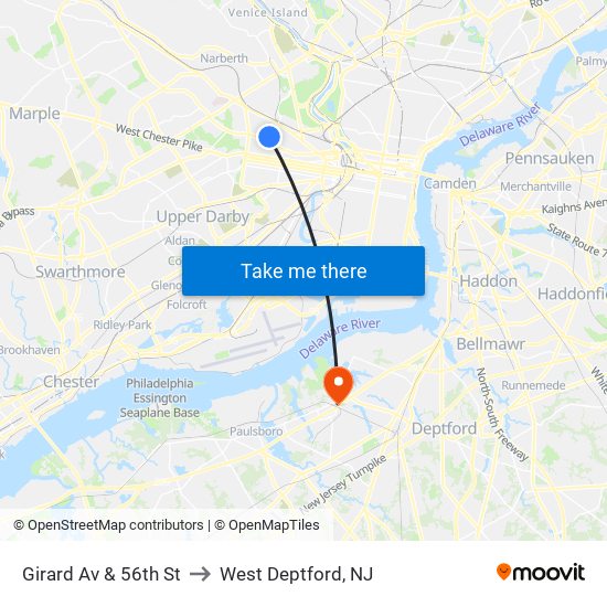Girard Av & 56th St to West Deptford, NJ map
