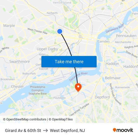 Girard Av & 60th St to West Deptford, NJ map
