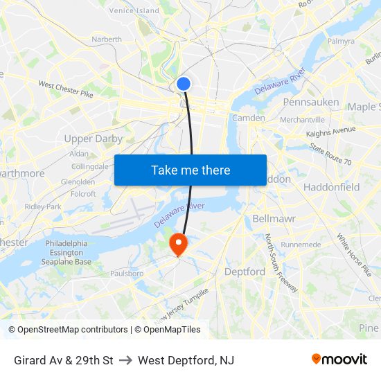 Girard Av & 29th St to West Deptford, NJ map