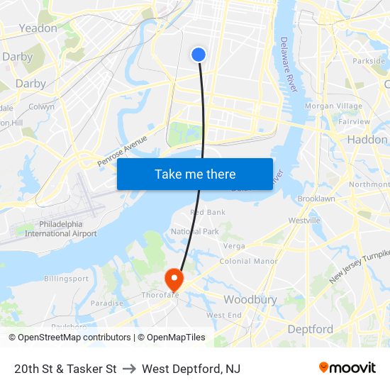 20th St & Tasker St to West Deptford, NJ map