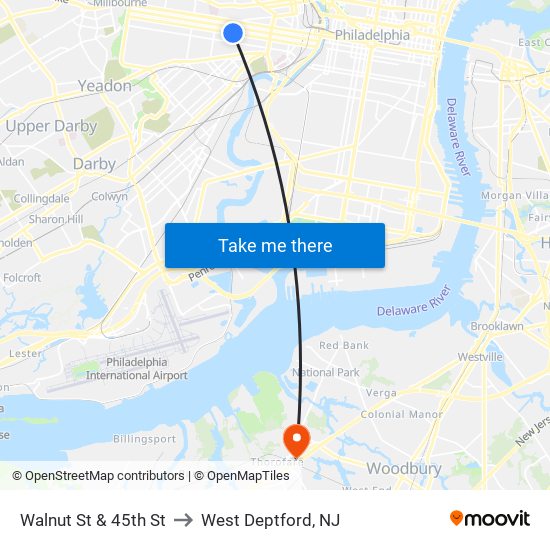 Walnut St & 45th St to West Deptford, NJ map
