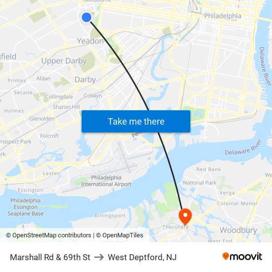 Marshall Rd & 69th St to West Deptford, NJ map