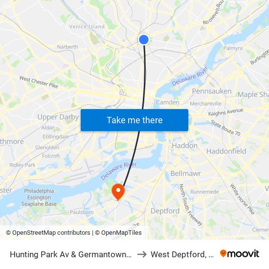 Hunting Park Av & Germantown Av to West Deptford, NJ map