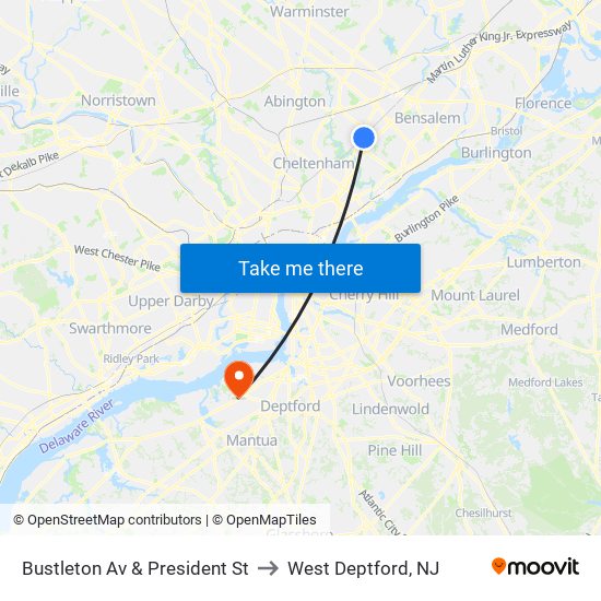 Bustleton Av & President St to West Deptford, NJ map