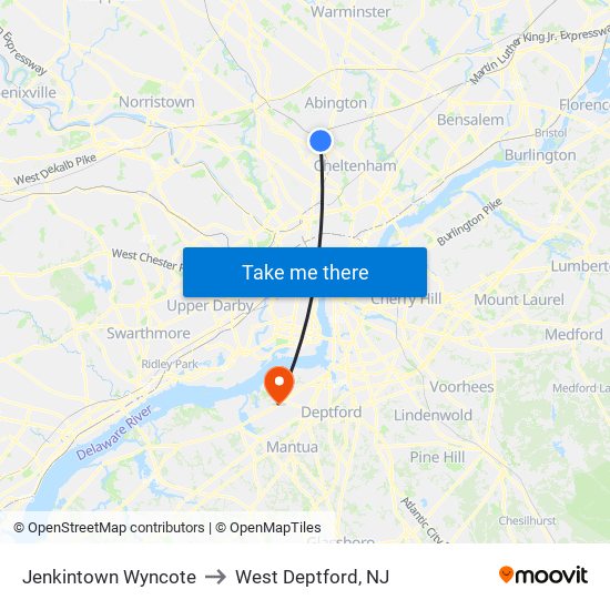 Jenkintown Wyncote to West Deptford, NJ map