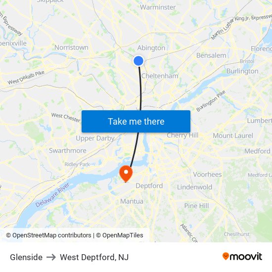 Glenside to West Deptford, NJ map