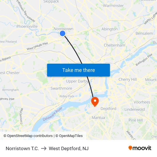 Norristown T.C. to West Deptford, NJ map