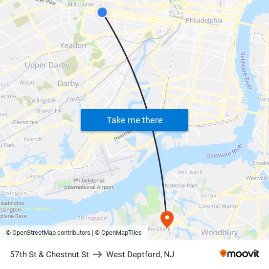 57th St & Chestnut St to West Deptford, NJ map