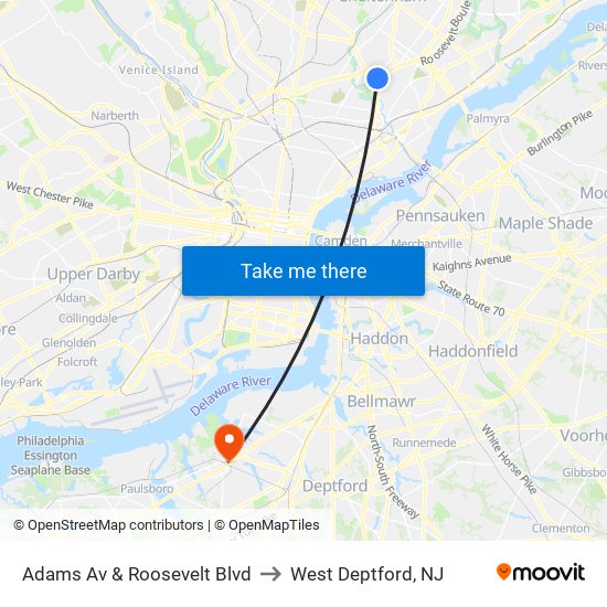 Adams Av & Roosevelt Blvd to West Deptford, NJ map
