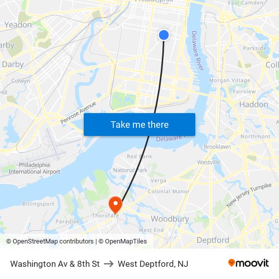 Washington Av & 8th St to West Deptford, NJ map