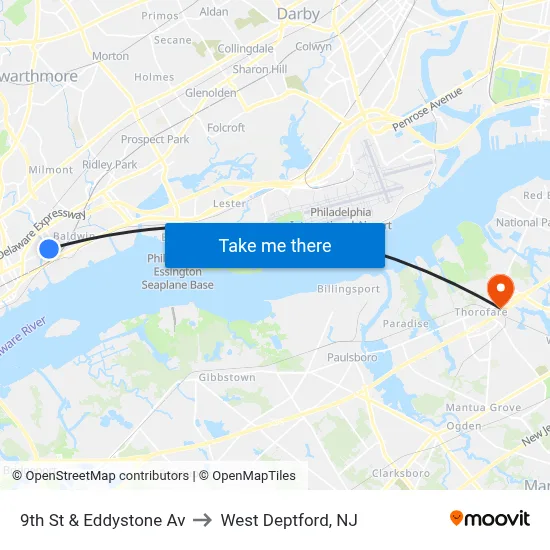9th St & Eddystone Av to West Deptford, NJ map