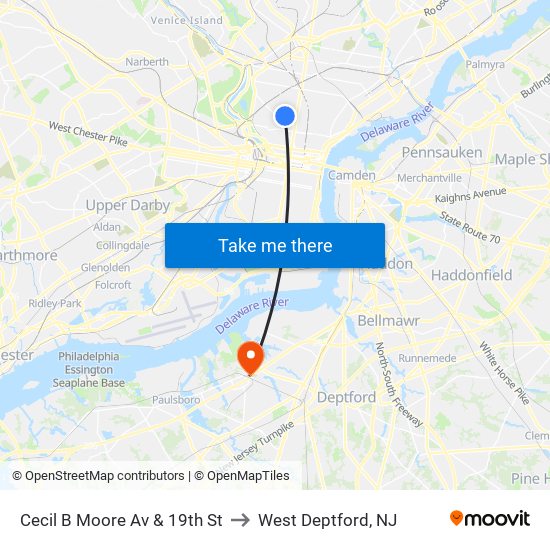 Cecil B Moore Av & 19th St to West Deptford, NJ map