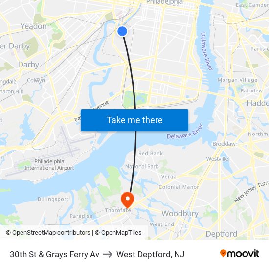 30th St & Grays Ferry Av to West Deptford, NJ map