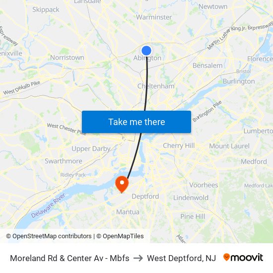 Moreland Rd & Center Av - Mbfs to West Deptford, NJ map