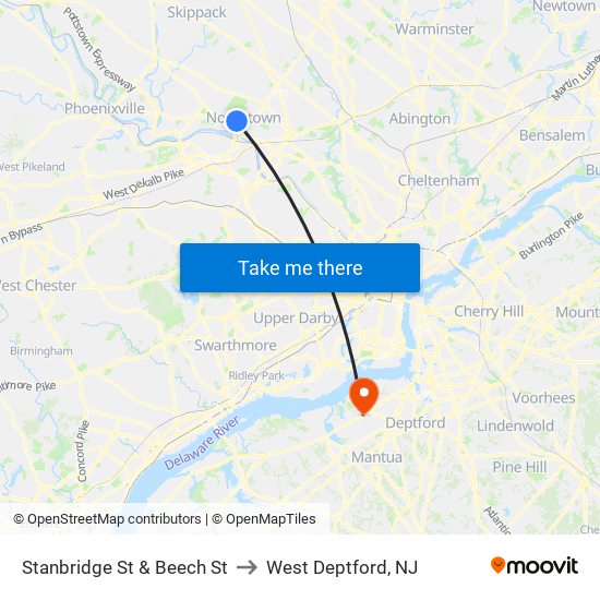 Stanbridge St & Beech St to West Deptford, NJ map