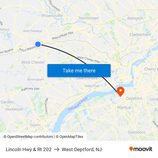 Lincoln Hwy & Rt 202 to West Deptford, NJ map