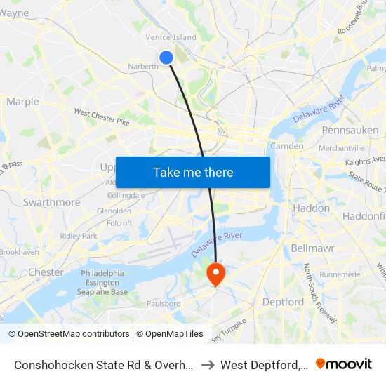 Conshohocken State Rd & Overhill Rd to West Deptford, NJ map