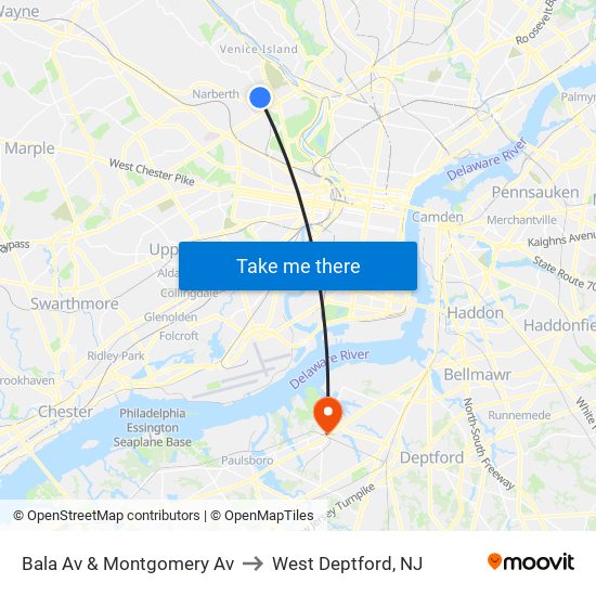 Bala Av & Montgomery Av to West Deptford, NJ map