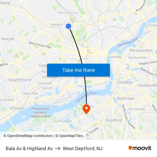 Bala Av & Highland Av to West Deptford, NJ map