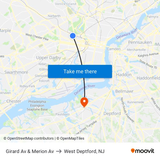 Girard Av & Merion Av to West Deptford, NJ map