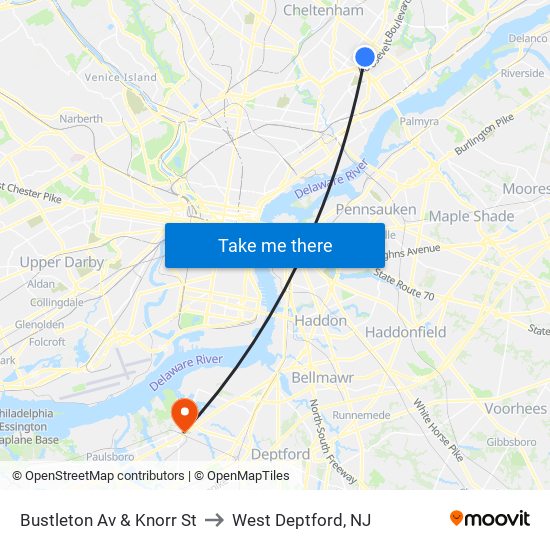 Bustleton Av & Knorr St to West Deptford, NJ map