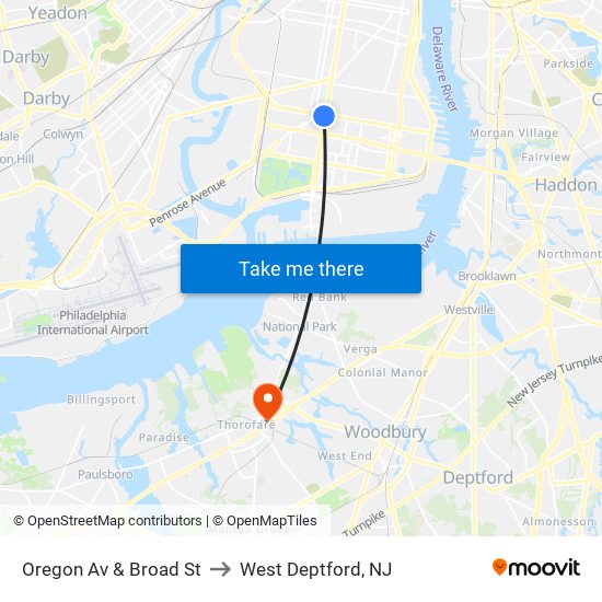 Oregon Av & Broad St to West Deptford, NJ map