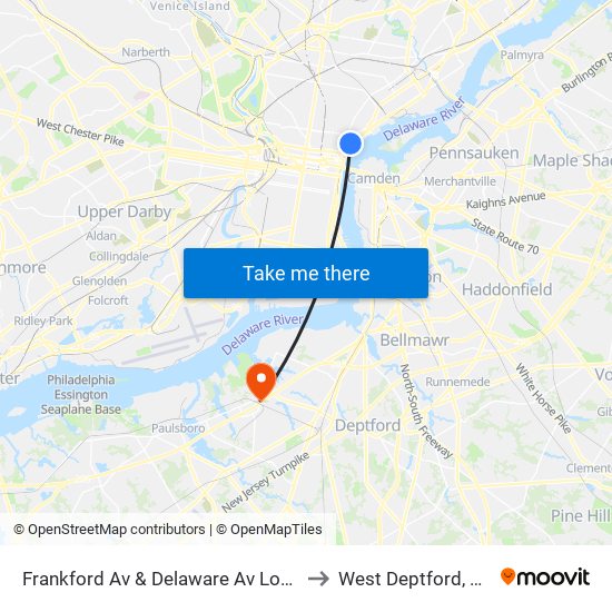 Frankford Av & Delaware Av Loop to West Deptford, NJ map