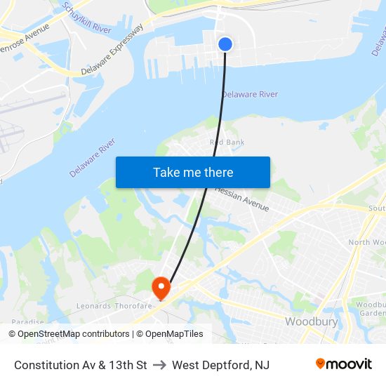 Constitution Av & 13th St to West Deptford, NJ map