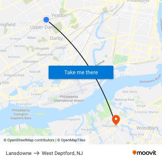 Lansdowne to West Deptford, NJ map