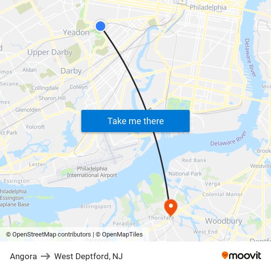 Angora to West Deptford, NJ map