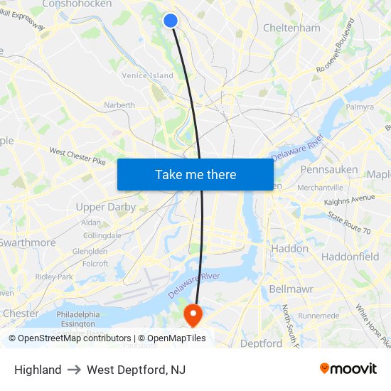 Highland to West Deptford, NJ map