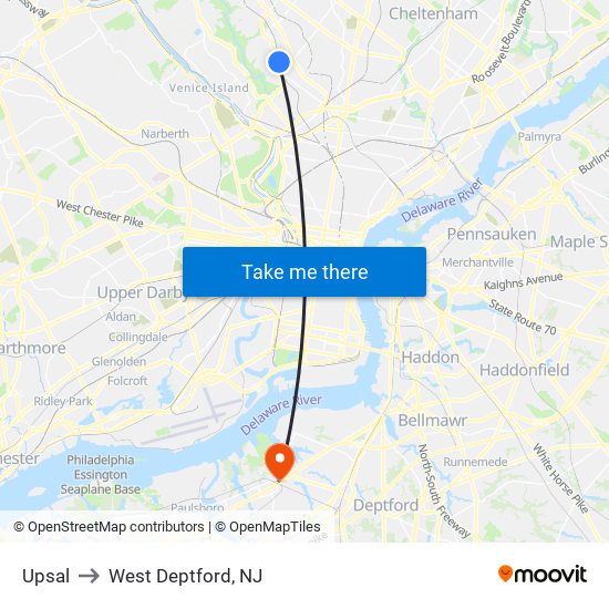 Upsal to West Deptford, NJ map