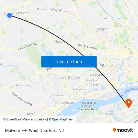 Malvern to West Deptford, NJ map