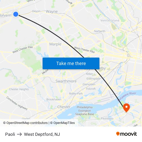 Paoli to West Deptford, NJ map