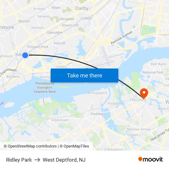 Ridley Park to West Deptford, NJ map