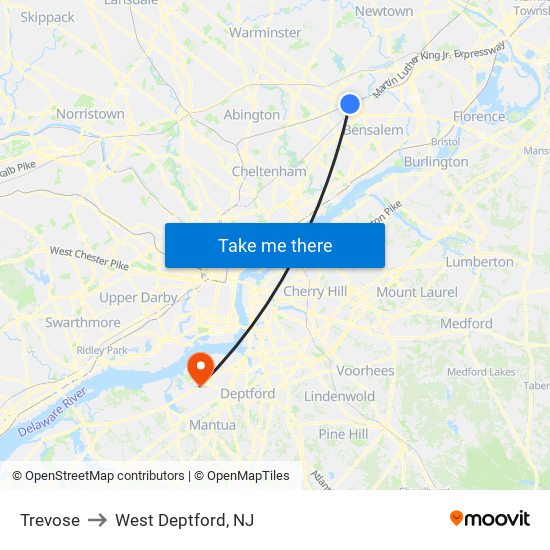 Trevose to West Deptford, NJ map