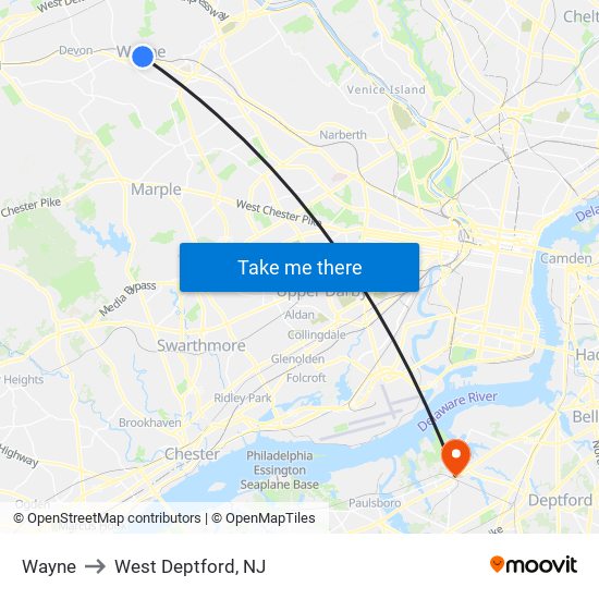 Wayne to West Deptford, NJ map