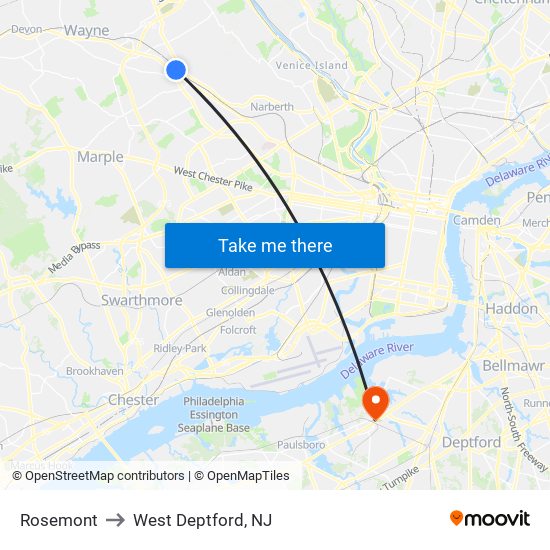 Rosemont to West Deptford, NJ map