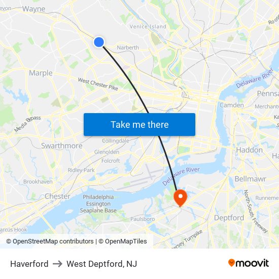 Haverford to West Deptford, NJ map