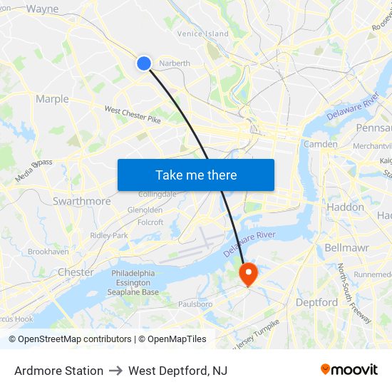 Ardmore Station to West Deptford, NJ map